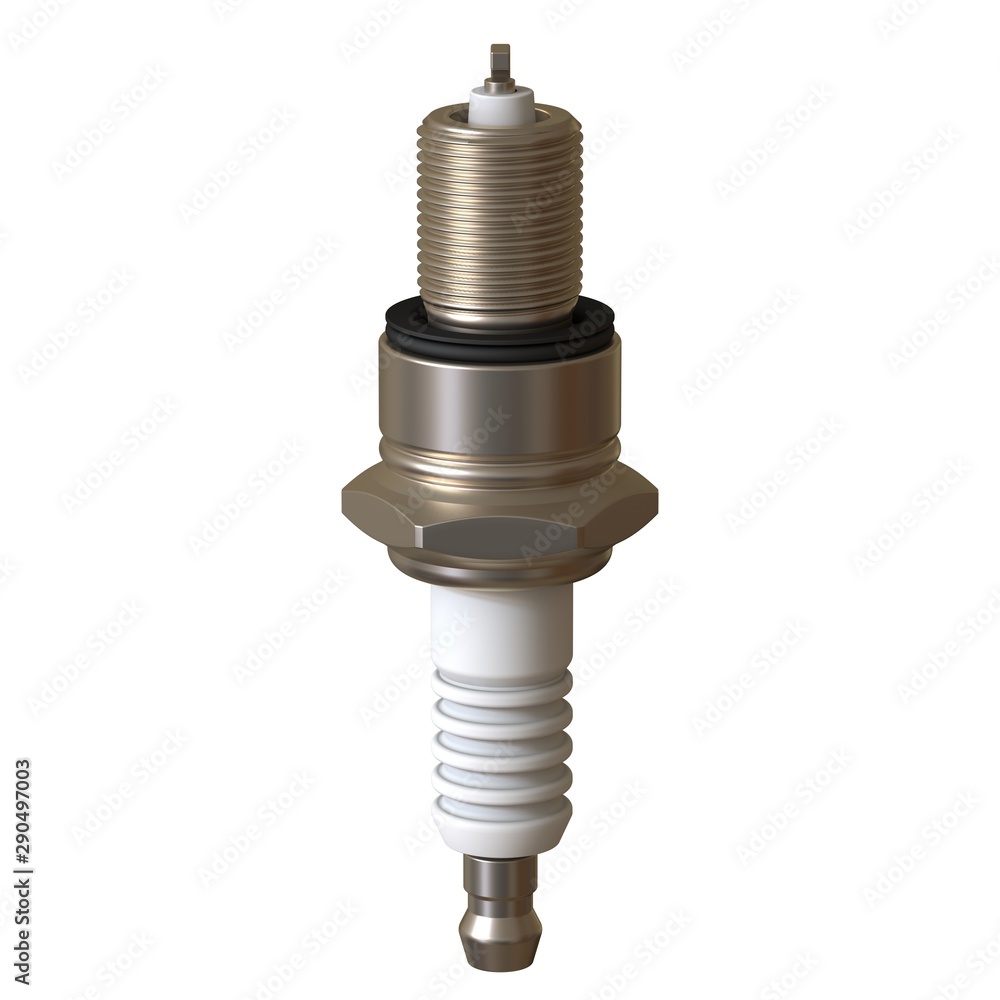 car spark plug used for ignition, Spark plug after use, isolate on white  background, made form steel, ceramic, aluminum. 3D rendering of excellent  quality in high resolution Stock Illustration