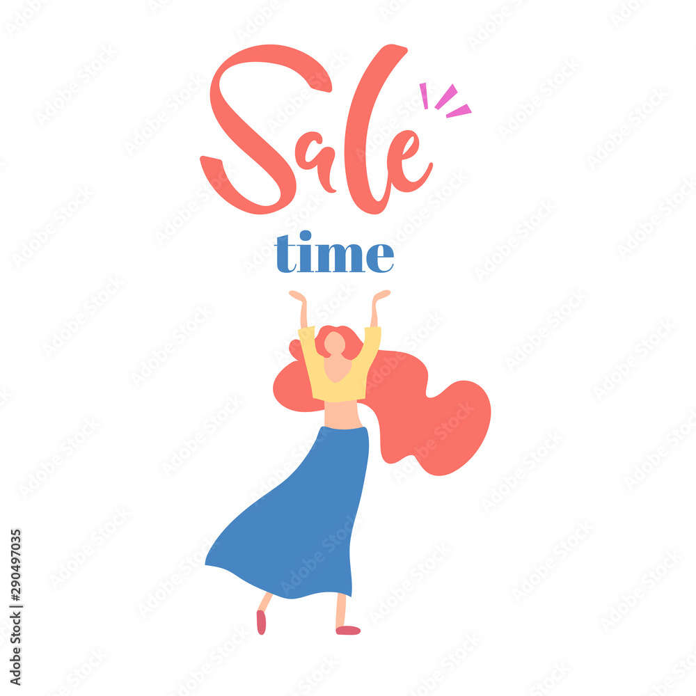 Vector illustration, flat cartoon woman with long ginger hair raising hands up and Vector illustration, flat cartoon woman with long ginger hair raising hands up and
