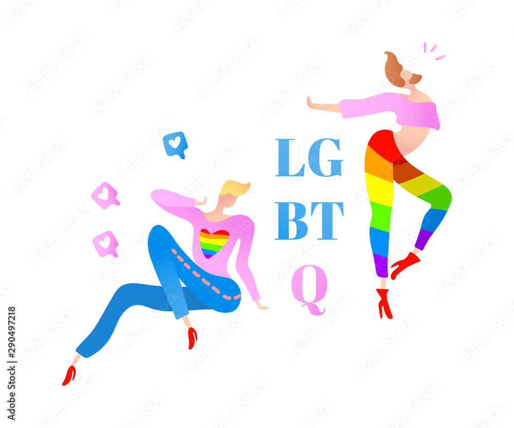Vector colorful illustration, trendy gay men on heels with LGBTQ text. Flat cartoon style, isolated. Applicable for LGBT , transgender rights concepts etc.