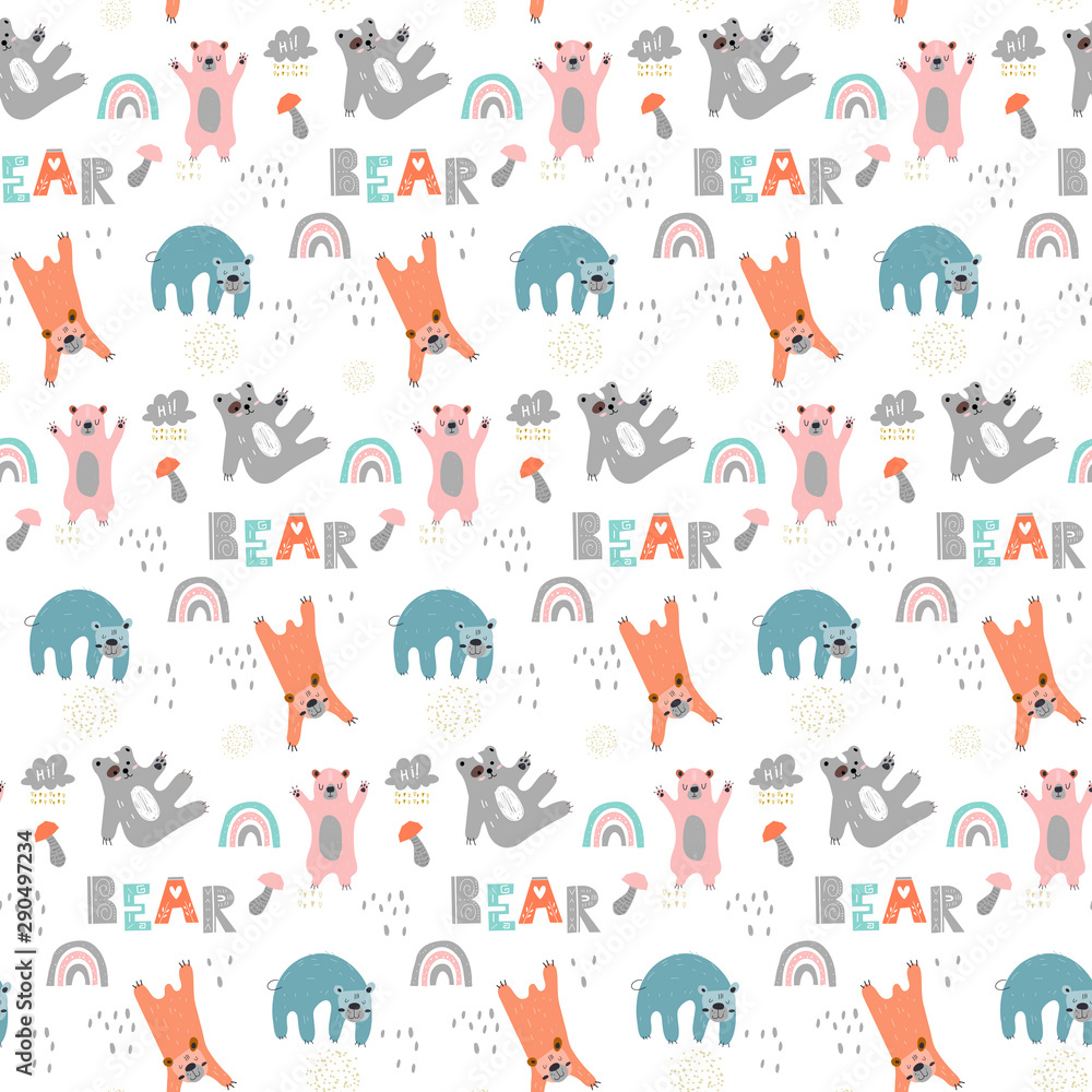 Obraz premium Childish seamless pattern with cute bears. Creative scandinavian style kids texture for fabric, wrapping, textile, wallpaper, apparel.