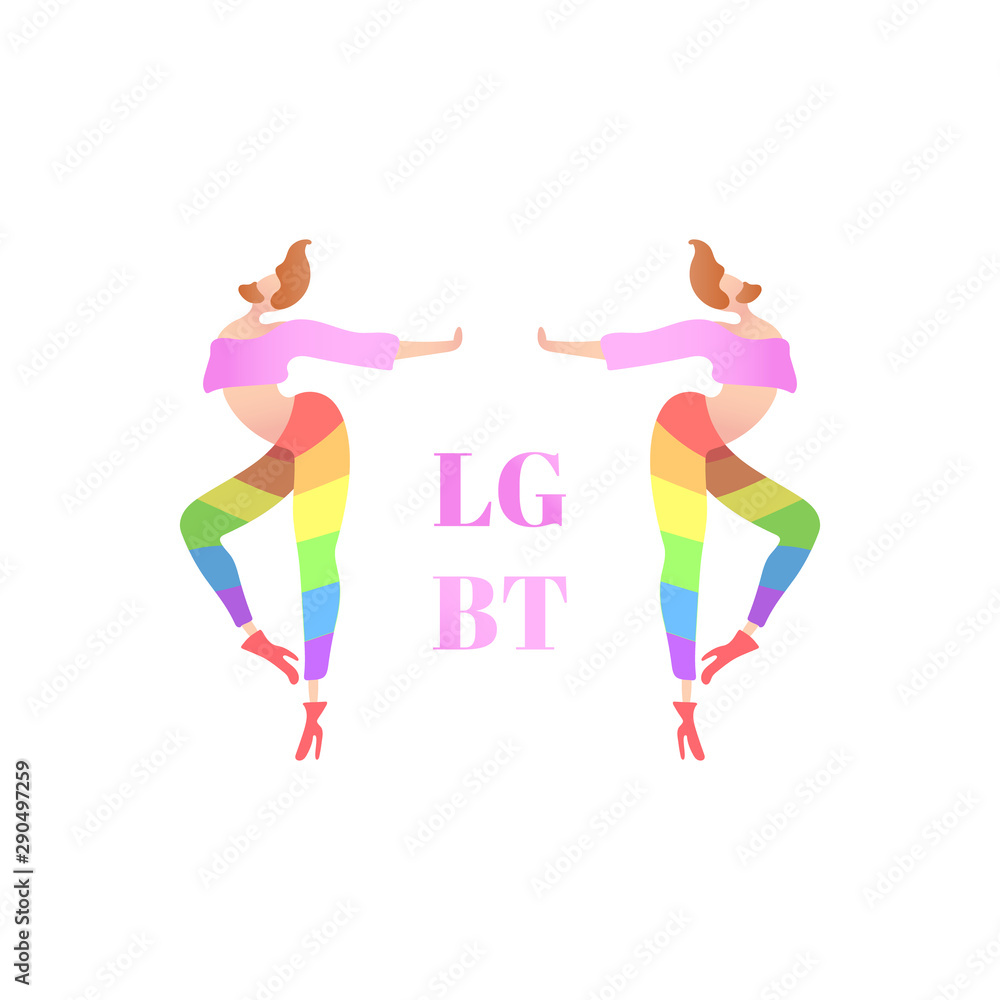 Vector colorful illustration, trendy gay men on heels with LGBT text. Flat cartoon style, isolated. Applicable for LGBT, transgender rights concepts, logos, flyers, etc.