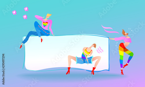 Vector colorful illustration, trendy gay men on heels with an empty table for your text. Flat cartoon style, neon background. Applicable for LGBT (LGBTQ), transgender rights concepts, etc.