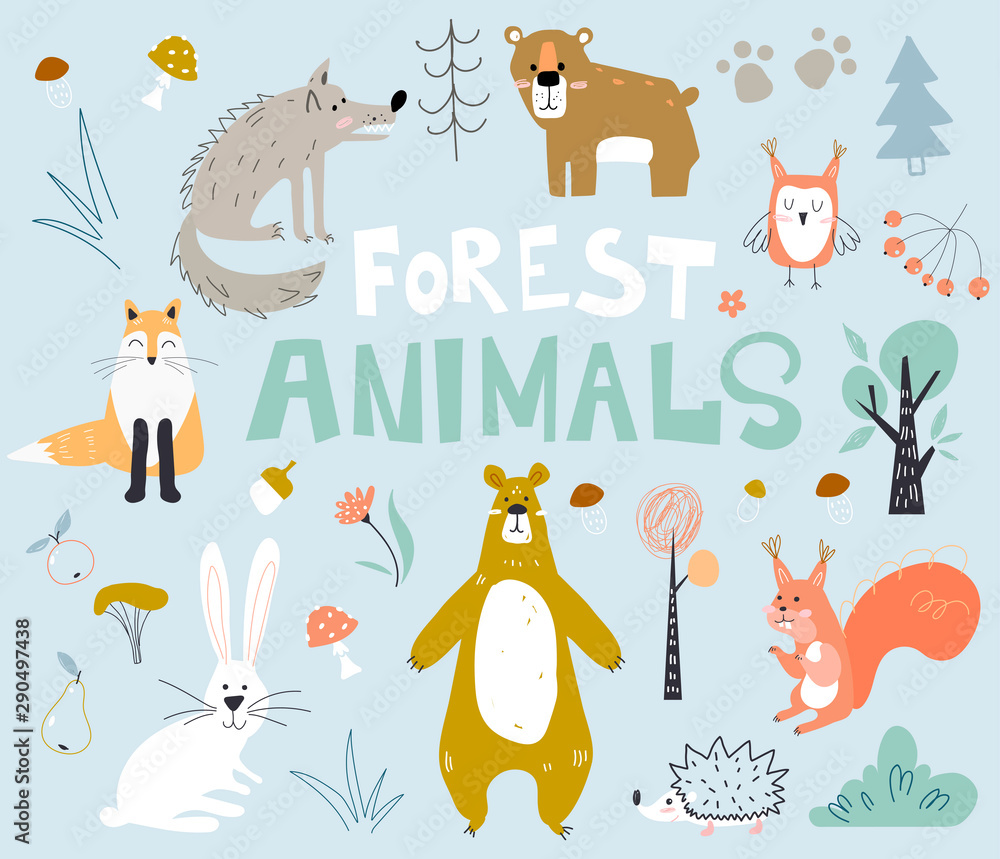Obraz premium Woodland forest animals cute bear, fox, hedgehogs in the wood. Creative kids scandinavian style.