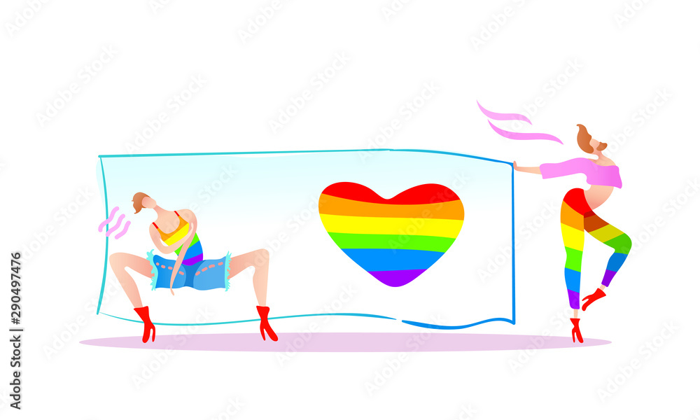Vector colorful illustration, trendy gay men on heels with a poster and a rainbow heart. Flat cartoon style, isolated. Applicable for LGBT (LGBTQ), transgender rights concepts etc.