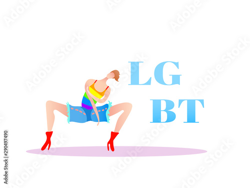 Vector colorful illustration, trendy gay man on heels with LGBT text. Flat cartoon style, isolated. Applicable for LGBT, transgender rights concepts, logos, flyers, etc.