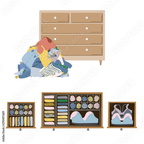 Wardrobe drawer organizer. Clothes tidying up concept