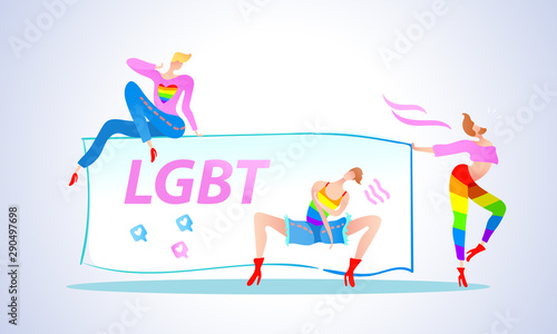 Vector colorful illustration, trendy gay men on heels with table and LGBT text. Flat cartoon style, isolated. Applicable for LGBT, transgender rights concepts etc.