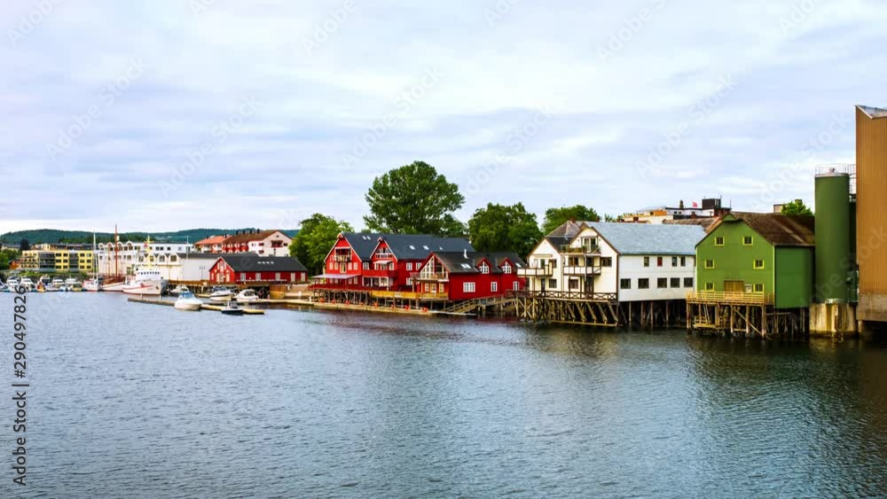 Levanger, Norway, View of Nord-Trondelag town Levanger, Norway during a cloudy summer day. Time-lapse with historical buildings, clouds and river, panning video Levanger, Norway, View of Nord-Trondelag town Levanger, Norway during a cloudy summer day. Time-lapse with historical buildings, clouds and river, panning video