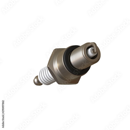 car spark plug used for ignition, Spark plug after use, isolate on white background, made form steel, ceramic, aluminum. 3D rendering of excellent quality in high resolution