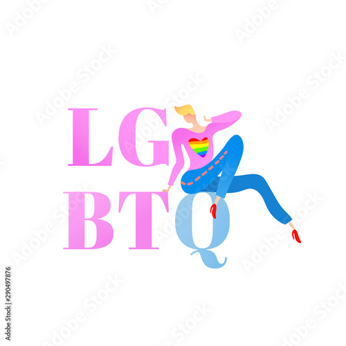Vector colorful illustration, trendy gay man on heels with LGBTQ text. Flat cartoon style, isolated. Applicable for LGBT, transgender rights concepts, logos, flyers, etc.