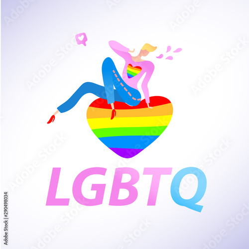 Vector colorful illustration, trendy gay man on heels with LGBTQ text sitting on a rainbow heart. Flat cartoon style, isolated. Applicable for LGBT, transgender rights concepts, logos, flyers, etc.