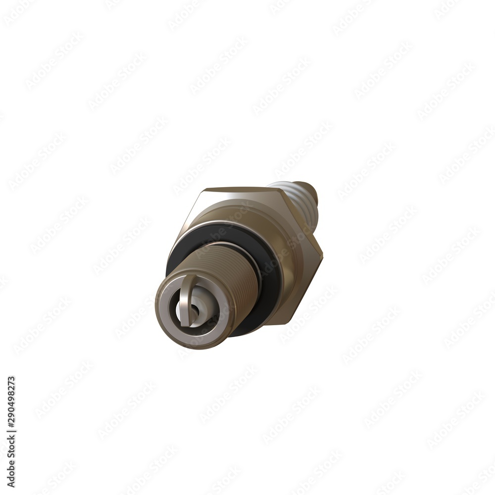 car spark plug used for ignition, Spark plug after use, isolate on white background, made form steel, ceramic, aluminum. 3D rendering of excellent quality in high resolution