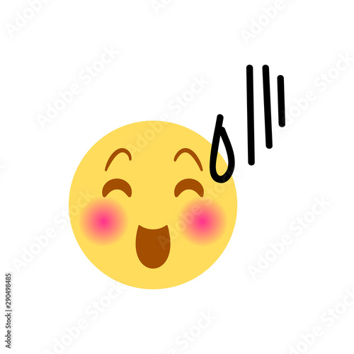 Vector illustration, yellow emoji of uncomfortable shy laughter. With hand drawn black marker doodle detail such as sweat scribing sign. High quality, isolated.