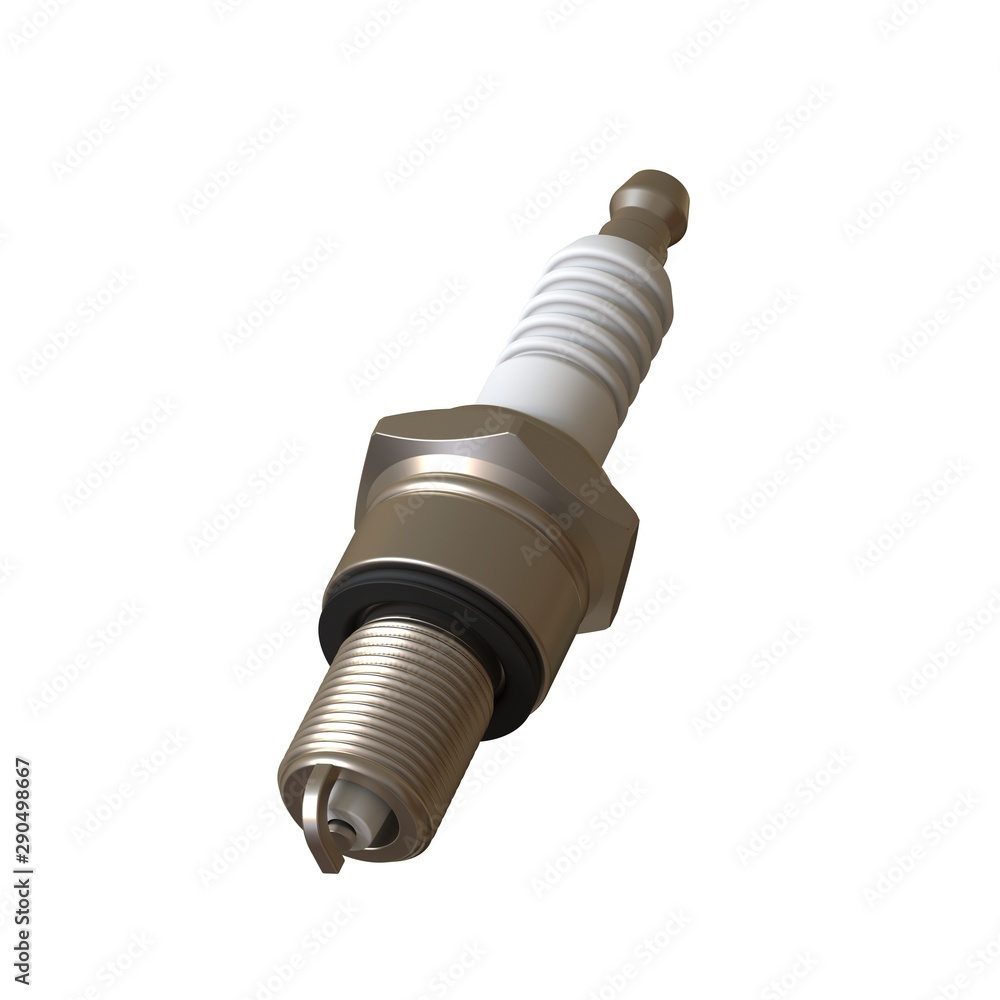 car spark plug used for ignition, Spark plug after use, isolate on white background, made form steel, ceramic, aluminum. 3D rendering of excellent quality in high resolution