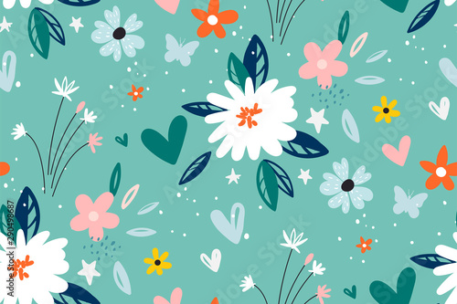 Garden flower, plants ,botanical ,seamless pattern vector design for fashion,fabric,wallpaper and all prints on green mint background color.