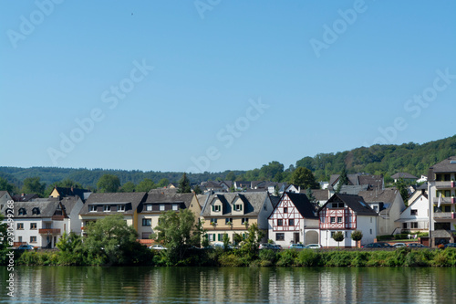 View on small German town located in Mosel river valley, quality wine regio in Germany