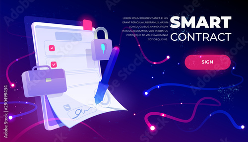 Smart contract web banner, e-signature on document at mobile screen, digital secured internet technology. Padlock and briefcase on futuristic neon background. Cartoon vector illustration, landing page