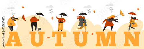 People with umbrellas under the rain. Autumn collection. Flat vector illustration. Horizontal banner.