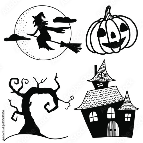 Hand drawn halloween vector icons set: witch on broom, jacl o`lantern, spooky tree, spoky house.  Halloween celebration.  photo