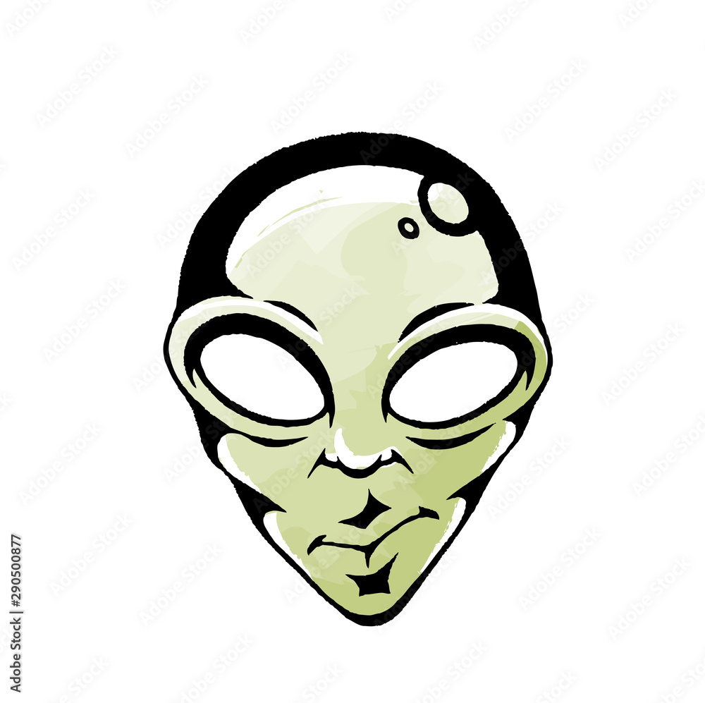 Ink and Watercolor Sketch of a Green Alien Face Ink and Watercolor Sketch of a Green Alien Face