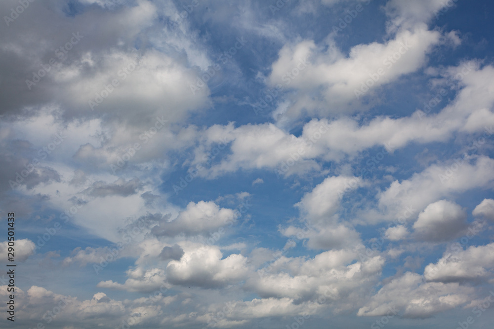 A photo of a blue sky, clouds and sun