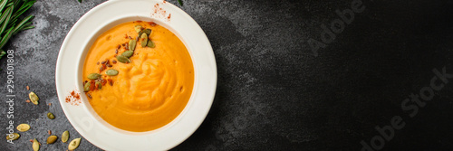 Obraz na plátně pumpkin soup (first course, delicious vegetable vitamin food) menu concept