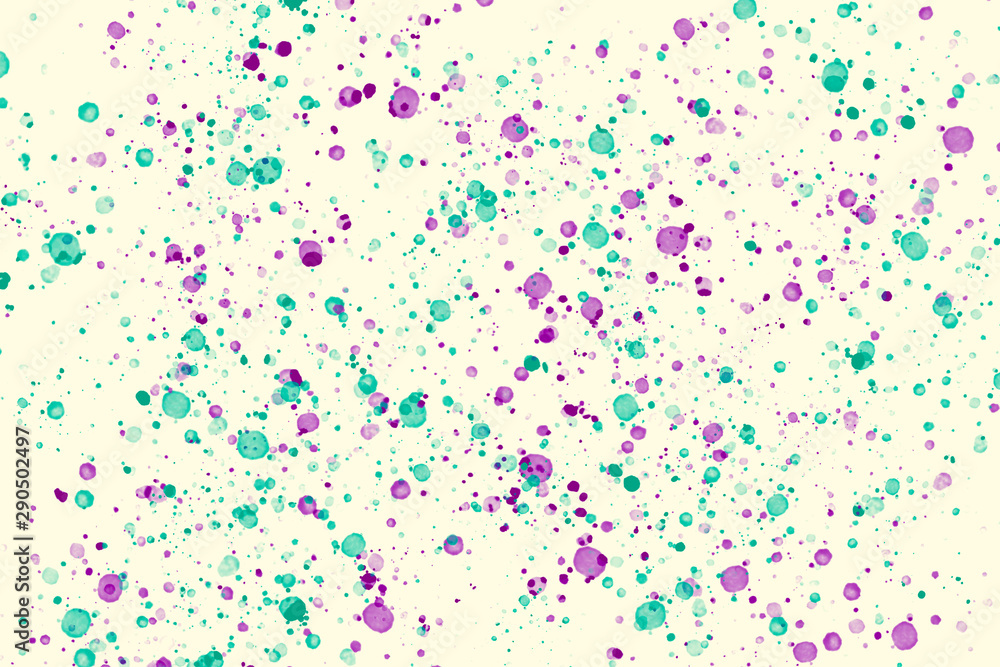 Turquoise and purple random round paint splashes on white background. Abstract colorful texture for web-design, website, presentations, digital printing, fashion or concept design.
