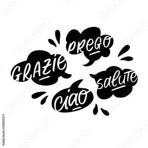 Vector handdrawn speech bubble black and white set with italian handwritten words.