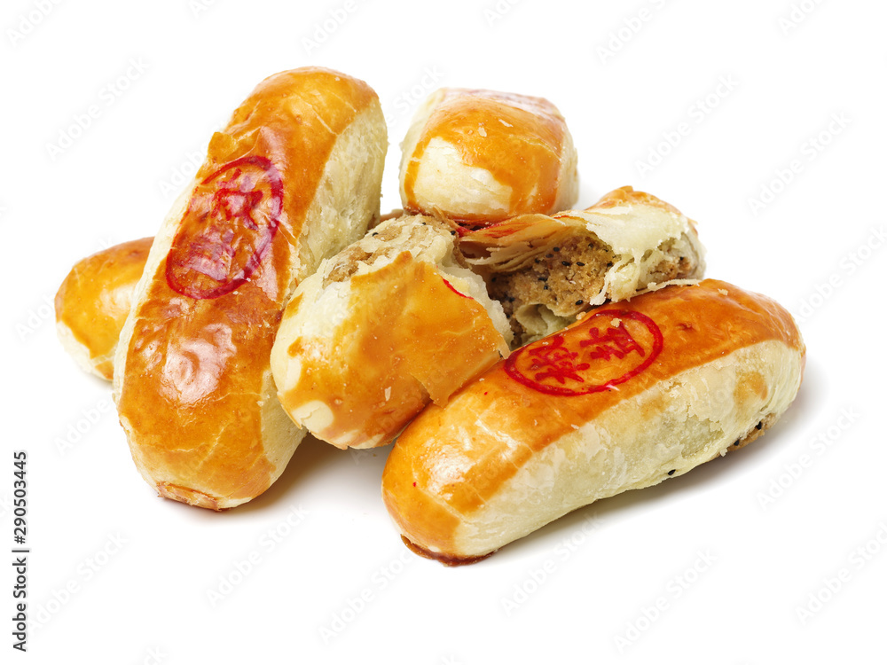 Chinese pastry or moon cake filled with mung bean paste and salted egg yolk isolated on white background