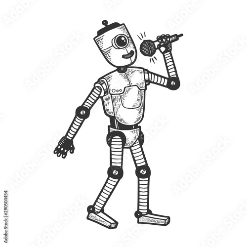 Robot singer vocalist with microphone sketch engraving vector illustration. Tee shirt apparel print design. Scratch board style imitation. Black and white hand drawn image.