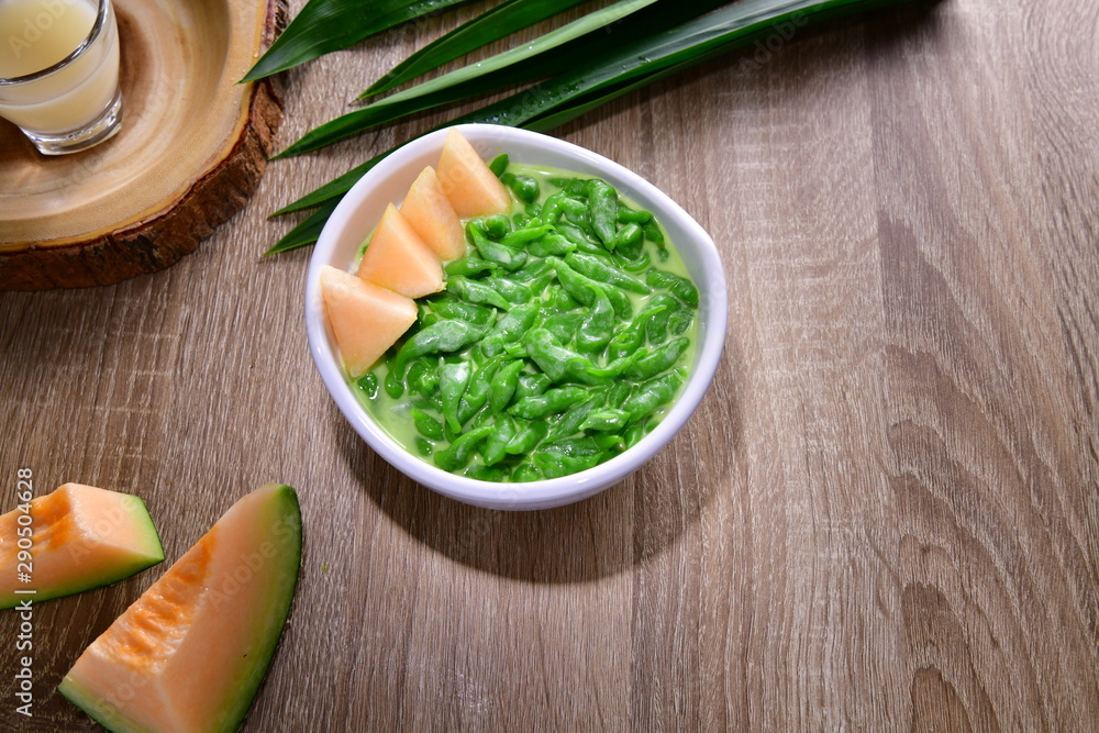Lod Chong traditional Thai desserts in Thailand. That made with pandan syrup in coconut milk and thai melon the taste is fragrant sweet cold. Lod Chong traditional Thai desserts in Thailand. That made with pandan syrup in coconut milk and thai melon the taste is fragrant sweet cold.