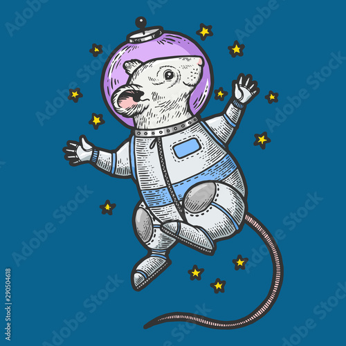 Mouse astronaut spaceman in space sketch engraving vector illustration. Tee shirt apparel print design. Scratch board style imitation. Black and white hand drawn image.