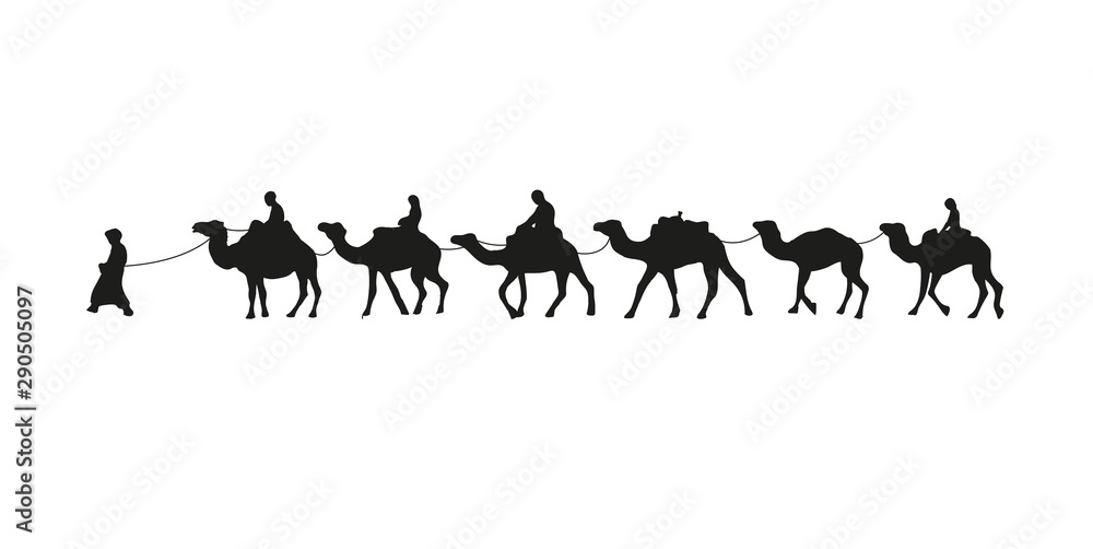 Camel caravan silhouette. Vector illustration isolated on white background.