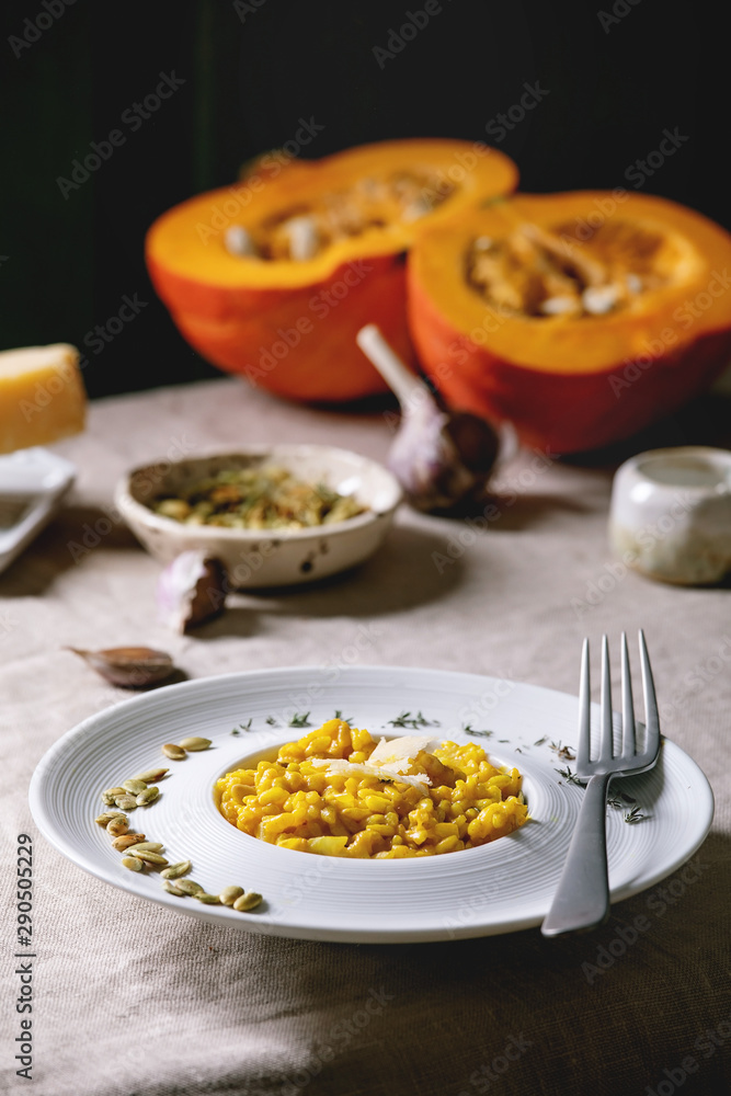 Traditional vegetarian pumpkin risotto italian dish in ceramic plate on linen table cloth with ingredients above. Dark rustic style