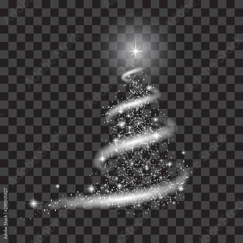 Template for New Year or Christmas project, snow, stars, New Year tree, blizzard. Black and white vector image with transparency.