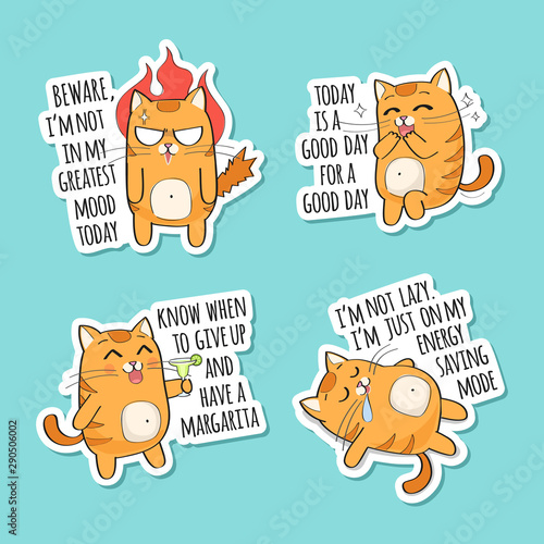 Set of funny stickers with a cute red cat and funny quotations. Lazy, angry, happy, drinking cat character.