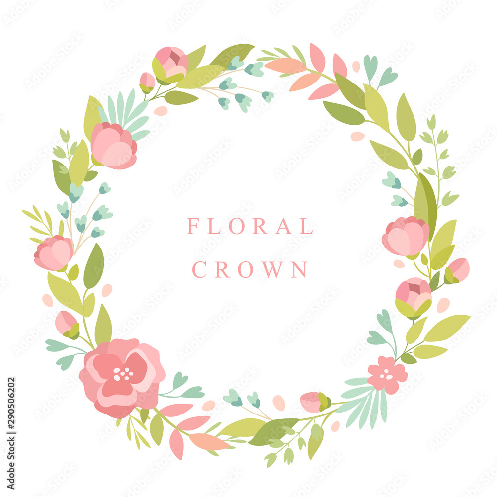 Vector cute illustration. Green plants and flower frame, wreath, flower crown, botany, leaves, flowers. Place for your text. 