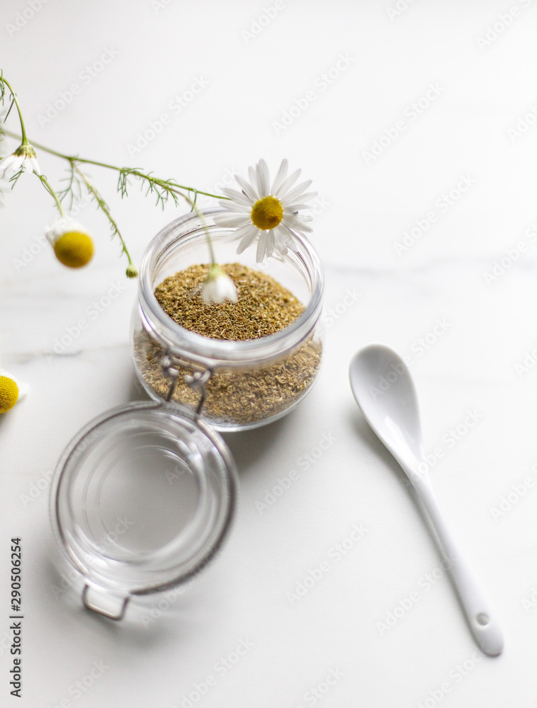 chamomile tea on marble background with copy space. Relax concept chamomile tea on marble background with copy space. Relax concept