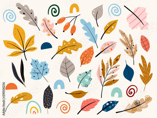 Set of colorful autumn leaves and berries. Isolated on white background. Yellow autumnal garden leaf, red fall leaf and fallen dry leaves.