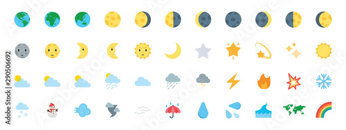Earth, Planet Icons Vector Set. All Type of Moon Faces. Weather Icons Collection. Temperature, Cloud, Sky Symbols, Emojis Set
