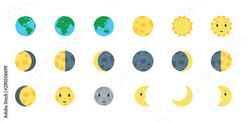Earth, Sun and Moon Icons Vector Emoji Set. All Type of Moon Light. Planet Symbols. Moon Surface. Crescent Moon.