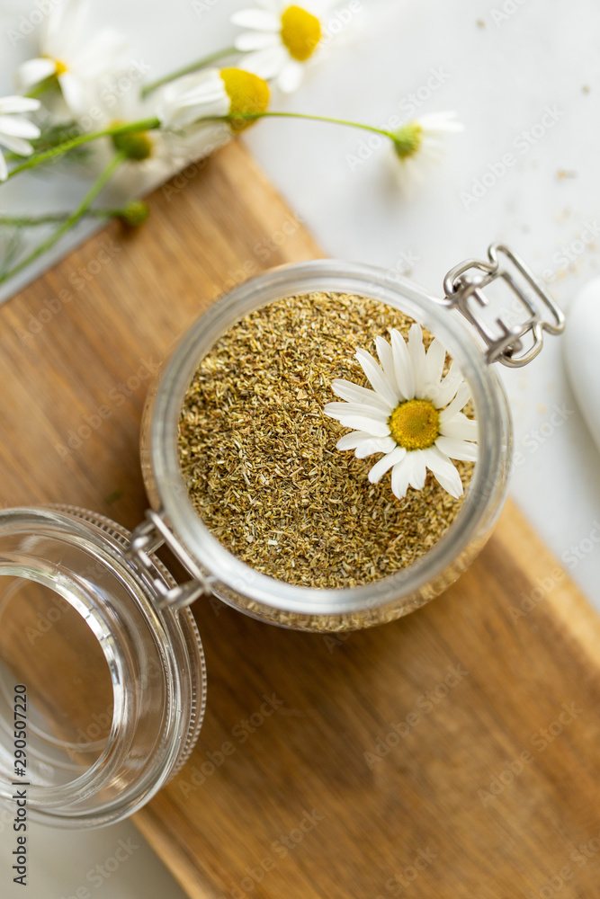 chamomile tea on marble background with copy space. Relax concept chamomile tea on marble background with copy space. Relax concept