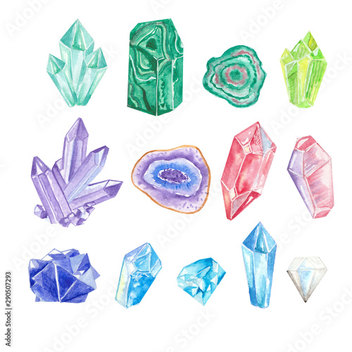 Watercolor colorful crystals and gems isolated on white background. © julijadesign