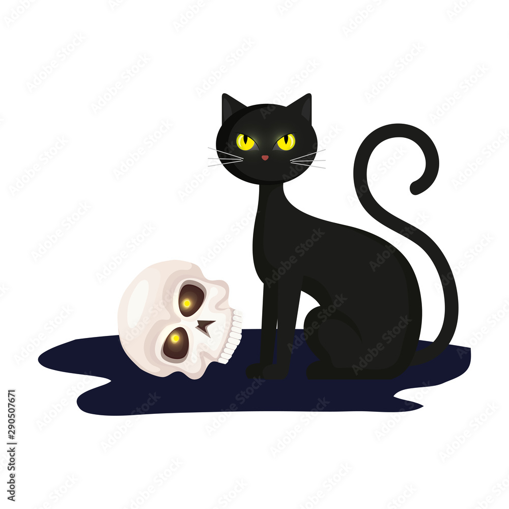Fototapeta premium cat with skull of halloween