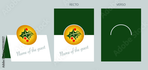 Gabarit - Carton de table vert afin de placer vos invités - décoré d’un feuille de houx.
