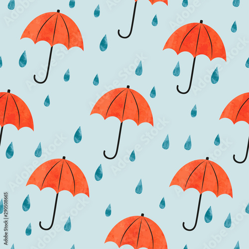 Seamless umbrellas and rain drops pattern. Watercolor Autumn background