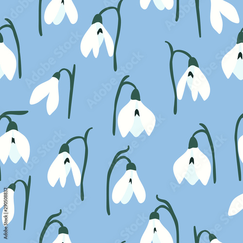 Seamless simple snowdrop pattern. Vector spring flower background.