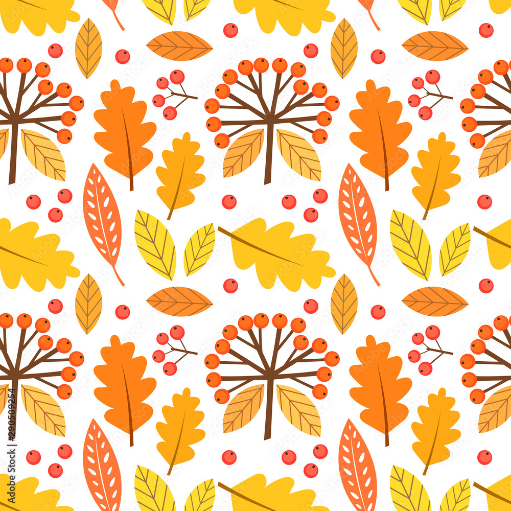 Obraz premium Autumn leaves and berries seamless pattern.
