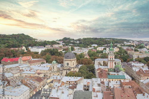 Beautiful view of the Dominican Cathedral, the Assumption Church and the historic center of Lviv, Ukraine, on a sunny day
