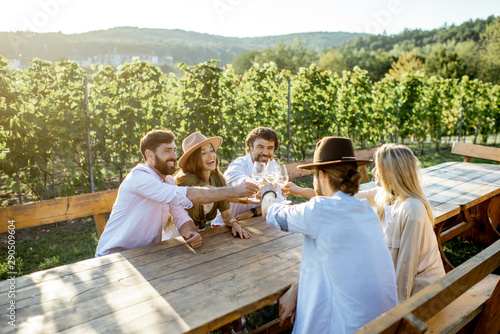 Φωτογραφία Group of a young people drinking wine and talking together while sitting at the